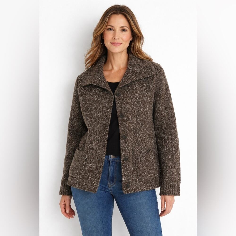 Eileen Fisher Brown Funnel Collar Button Up Merino Wool Sweater - Size Large